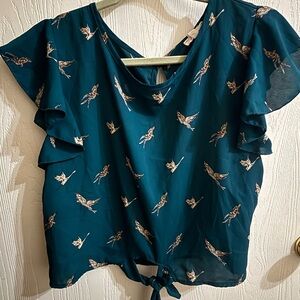 Agaci (brand) - Green cropped blouse w/ tan bird print Women's Top Size - L
